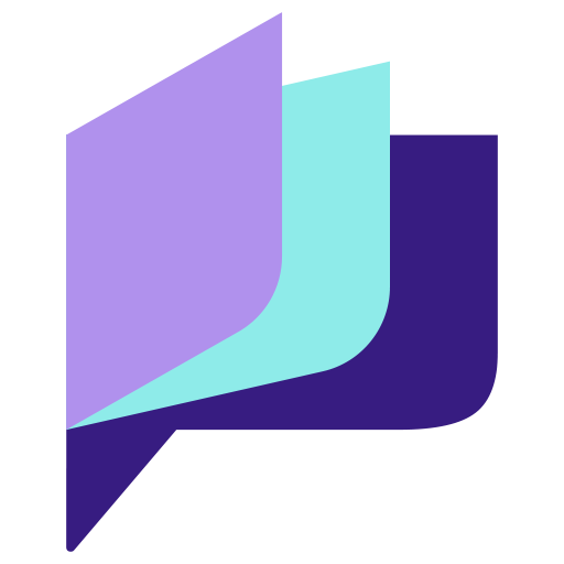 Three overlapping geometric speech bubbles in purple, light blue, and dark blue, forming a stylized chat or communication icon on a light gray background.