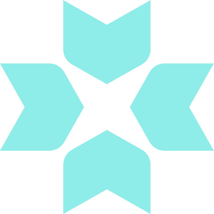 Symmetrinen geometrinen kuvio, jossa on neljä ulospäin osoittavaa akvaasin sinistä nuolta, jotka on järjestetty ristikuvioon vaaleanharmaalla pohjalla.