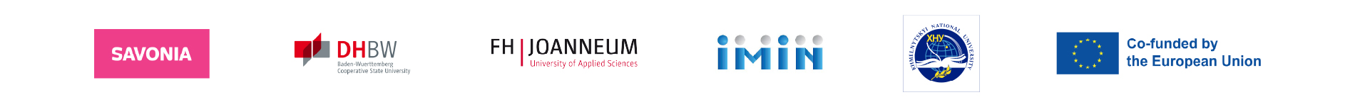 A row of six logos: Savonia University, Dariah-FI, FH Joanneum, IMIN, an emblem with blue and gold details, and the European Union flag with the text Co-funded by the European Union.